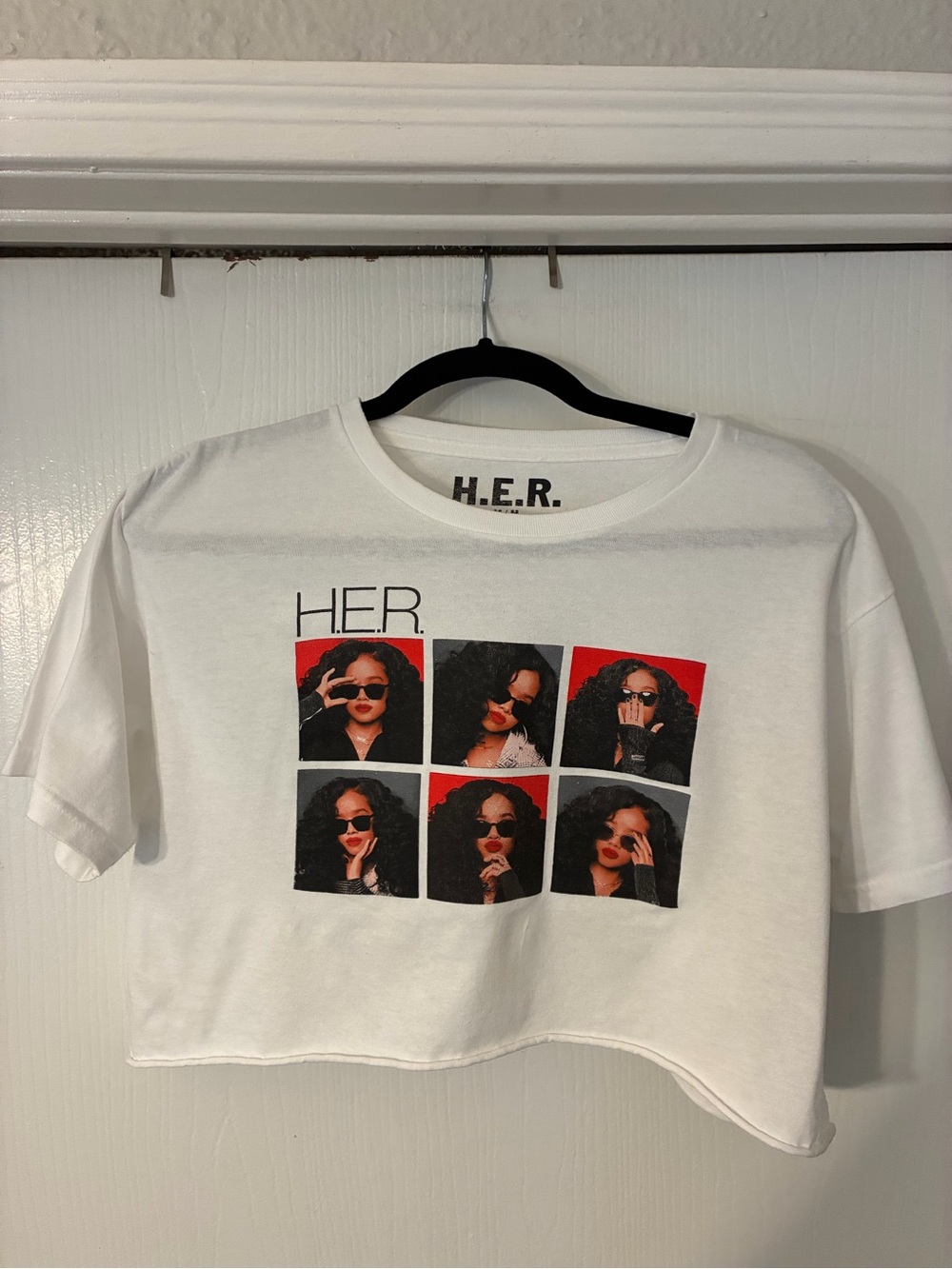H.E.R. Women’s Size M White Cropped Graphic Tee - Photo Grid Design